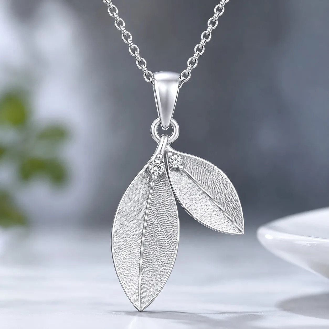 Silver Leaf Pendant Necklace view 2