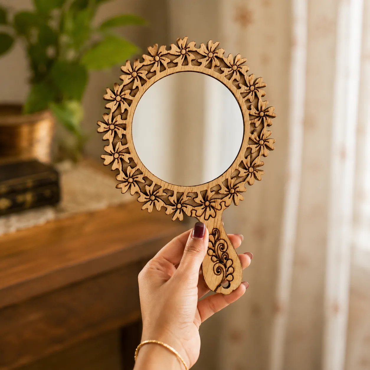 Carved Wooden Hand Mirror